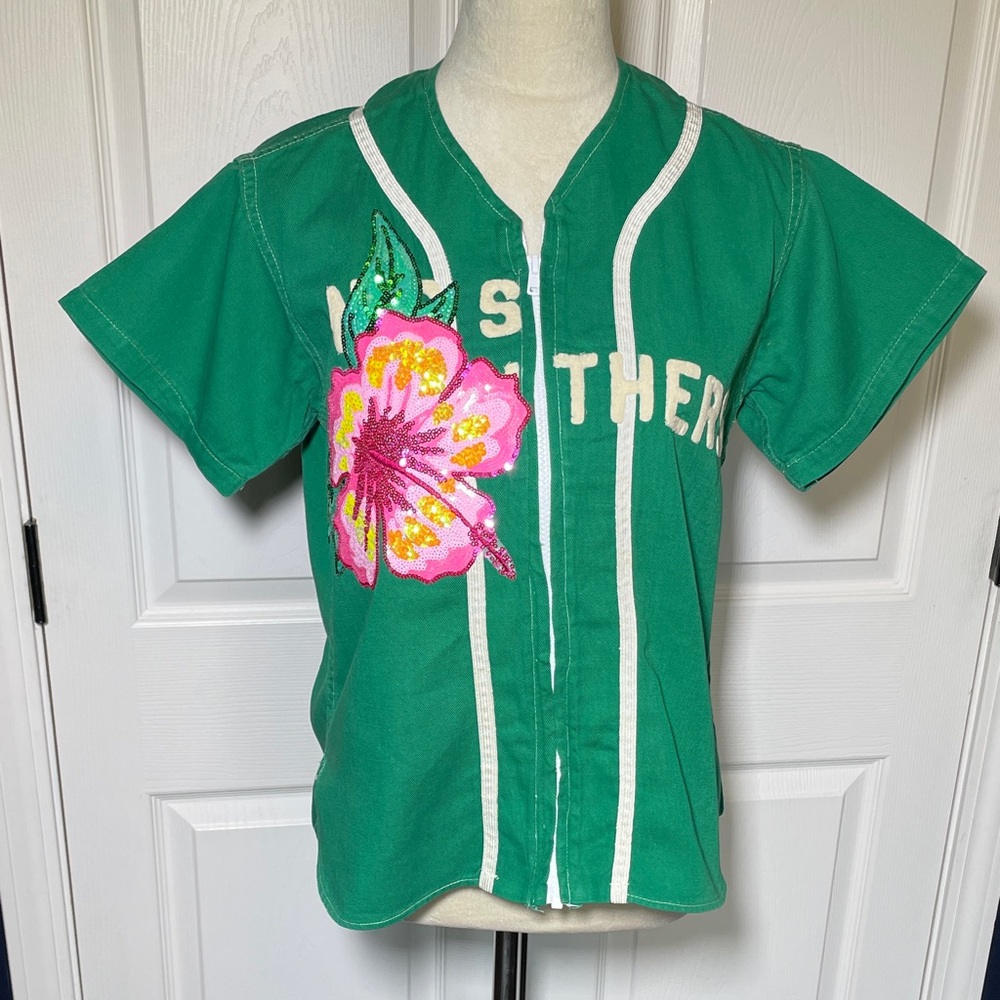 Vintage Upcycled Green & White Baseball Jersey Sequined Flower Appliqué Medium